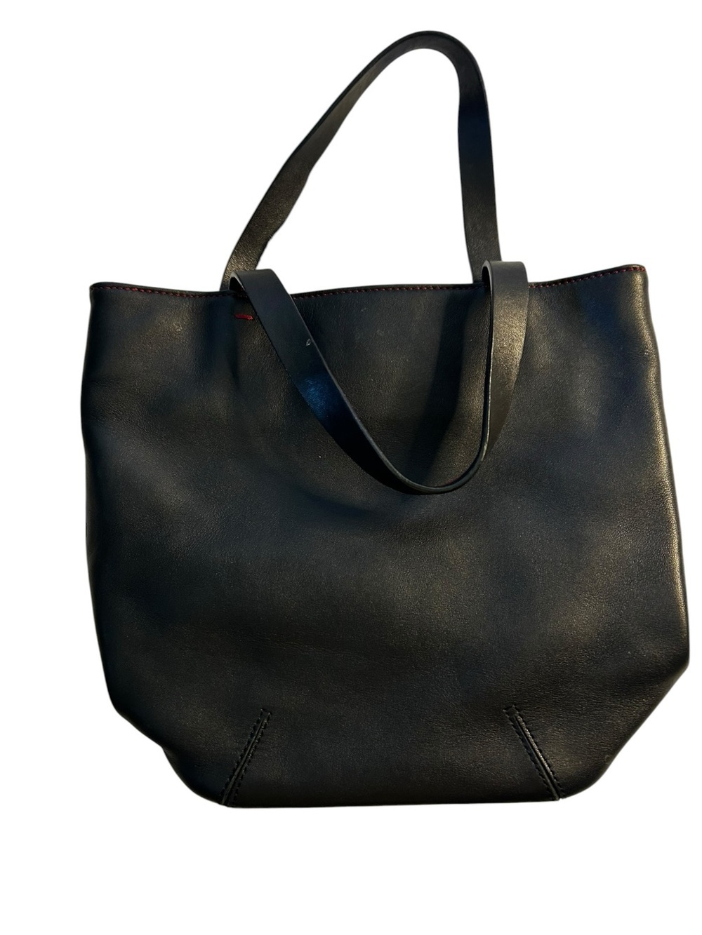 Ann Taylor Black Faux Leather Tote Bag Red Contrast Stitching Shoulder Purse